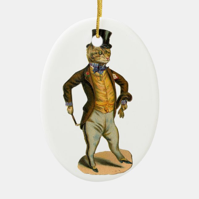 Victorian style cat with top hat ceramic ornament (Front)