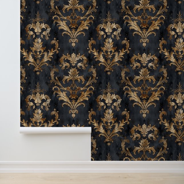 Victorian style ornamental shapes black & gold wallpaper (Application)