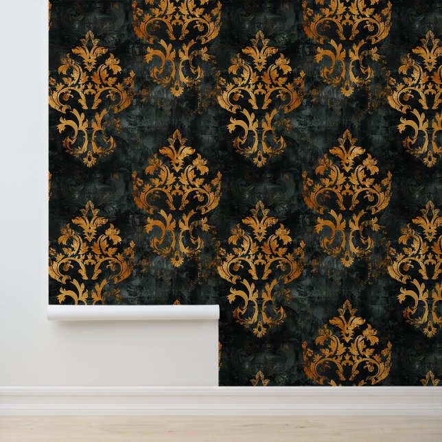 Victorian style ornamental shapes black & gold wallpaper (Application)