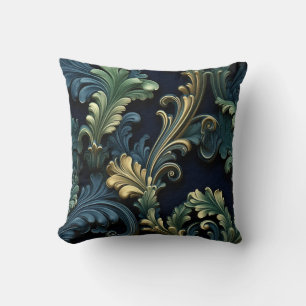 Victorian style ornamental shapes deep blue green throw pillow