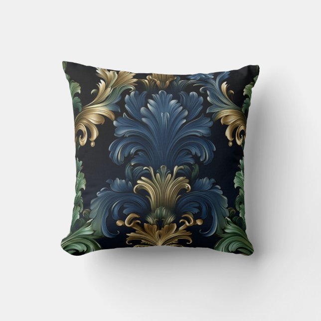 Victorian style ornamental shapes deep blue green throw pillow (Front)
