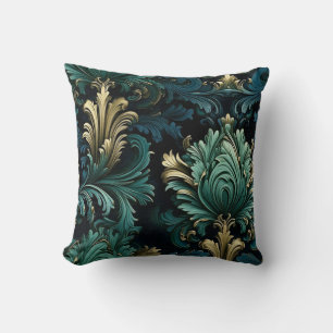 Victorian style ornamental shapes deep blue green throw pillow