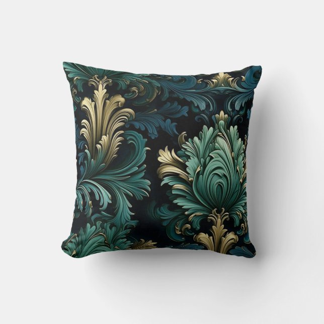 Victorian style ornamental shapes deep blue green throw pillow (Front)