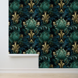 Victorian style ornamental shapes deep blue green wallpaper