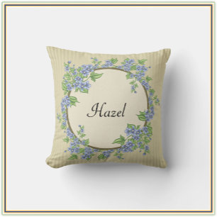 Victorian Style Striped Blue Floral Wreath Throw Pillow