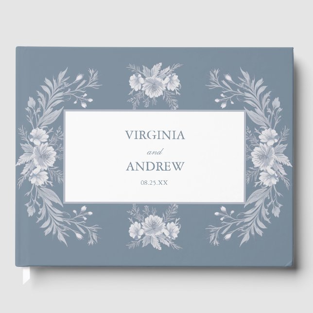 Victorian-style Wedding in Blue with White Flowers Guest Book (Front)