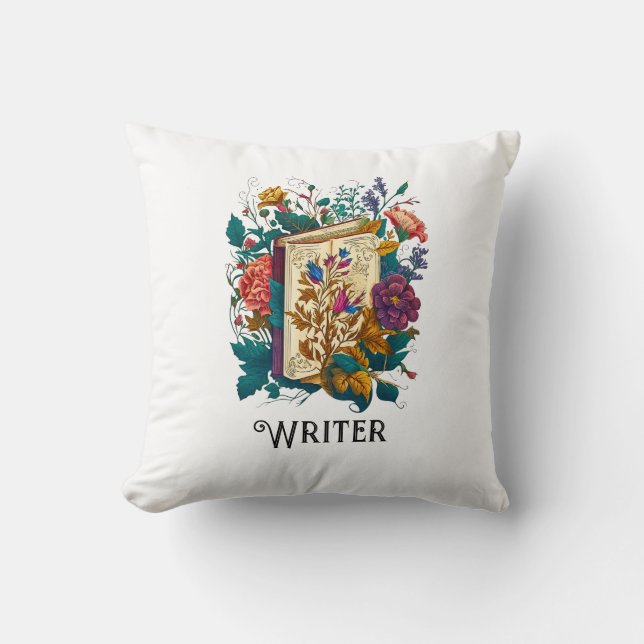 Victorian Style Writer, book & flowers Throw Pillow (Front)