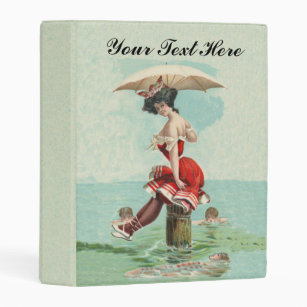 Victorian Swimmer Lady Red Bathing Suit Parasol Mini Binder