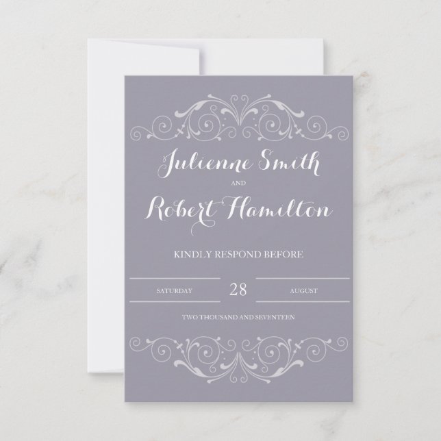 Victorian Swirls Grey Wedding RSVP Card (Front)