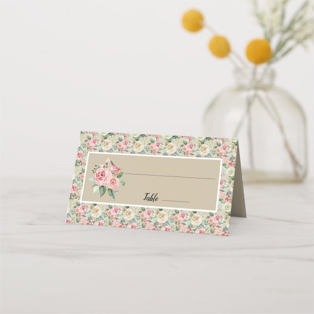 Victorian Tan & Pink Floral Rose Wedding Design Place Card (Front)