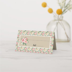 Victorian Tan & Pink Floral Rose Wedding Design Place Card
