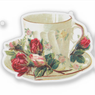 VICTORIAN TEACUP WITH ROSES CUSTOM CUT STICKER