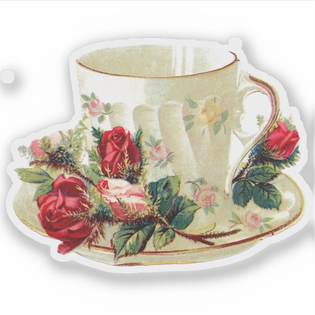 VICTORIAN TEACUP WITH ROSES CUSTOM CUT STICKER (Front)