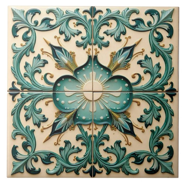 Victorian Teal Laurel Tile (Front)