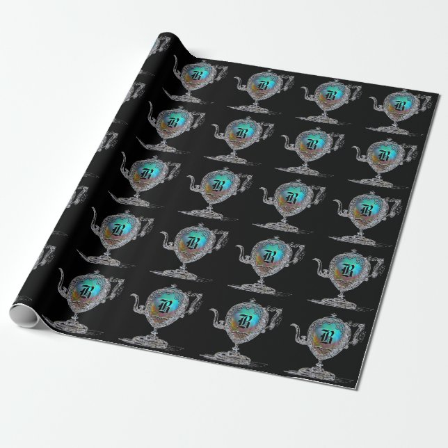 Victorian Teapot Monogram Wrapping Paper (Unrolled)