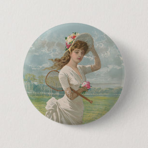 Victorian Tennis Lady with Flowered Hat Antique  2 Inch Round Button