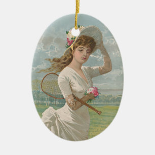 Victorian Tennis Lady with Flowered Hat Antique  Ceramic Ornament