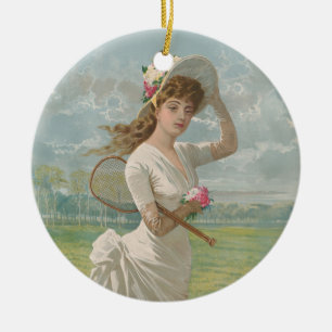Victorian Tennis Lady with Flowered Hat Antique  Ceramic Ornament