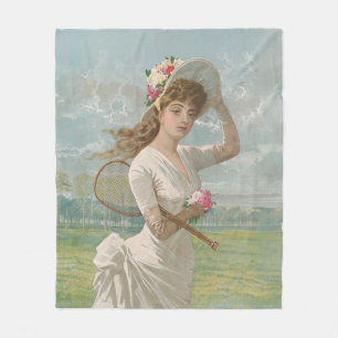 Victorian Tennis Lady with Flowered Hat Antique  Fleece Blanket