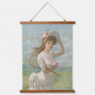 Victorian Tennis Lady with Flowered Hat Antique  Hanging Tapestry