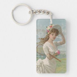 Victorian Tennis Lady with Flowered Hat Antique  Keychain