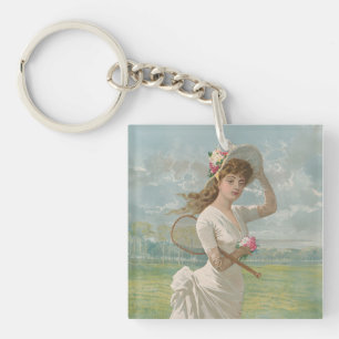 Victorian Tennis Lady with Flowered Hat Antique  Keychain