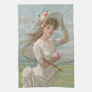 Victorian Tennis Lady with Flowered Hat Antique  Kitchen Towel