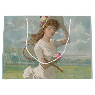 Victorian Tennis Lady with Flowered Hat Antique  Large Gift Bag