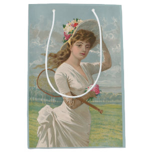 Victorian Tennis Lady with Flowered Hat Antique  Medium Gift Bag