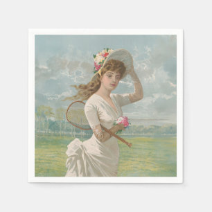 Victorian Tennis Lady with Flowered Hat Antique  Napkin