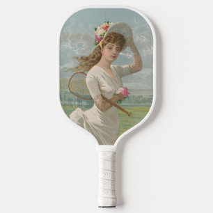 Victorian Tennis Lady with Flowered Hat Antique  Pickleball Paddle