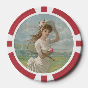 Victorian Tennis Lady with Flowered Hat Antique  Poker Chips