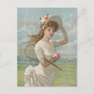 Victorian Tennis Lady with Flowered Hat Antique  Postcard