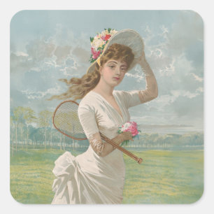 Victorian Tennis Lady with Flowered Hat Antique  Square Sticker
