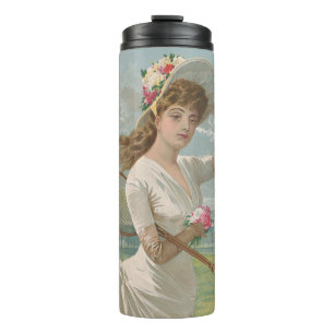 Victorian Tennis Lady with Flowered Hat Antique  Thermal Tumbler