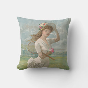 Victorian Tennis Lady with Flowered Hat Antique  Throw Pillow