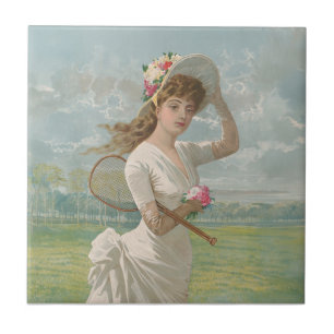 Victorian Tennis Lady with Flowered Hat Antique  Tile