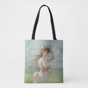 Victorian Tennis Lady with Flowered Hat Antique  Tote Bag