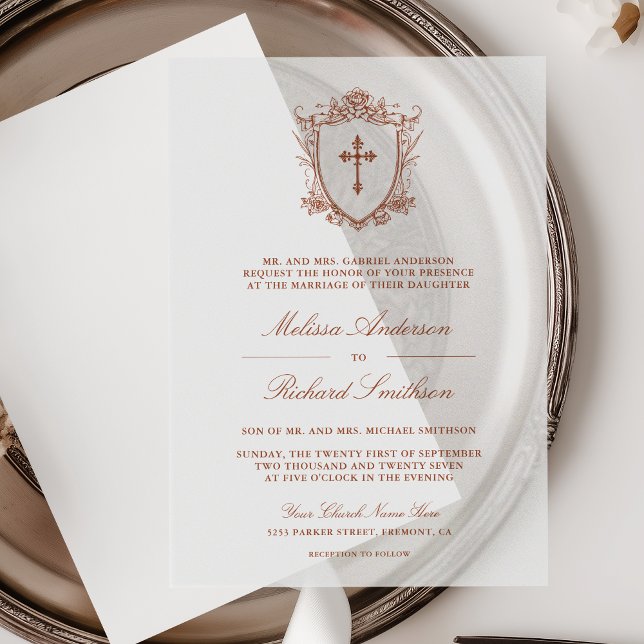 Victorian Terracotta Catholic Wedding Vellum Invitations (Creator Uploaded)