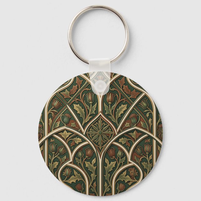 Victorian Thistle Floral Pattern Dark Green  Keychain (Front)