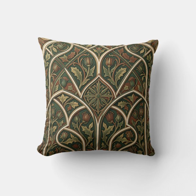 Victorian Thistle Floral Pattern Dark Green  Throw Pillow (Front)