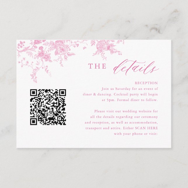 Victorian Toile Pink Floral Wedding Details QR Enclosure Card (Front)