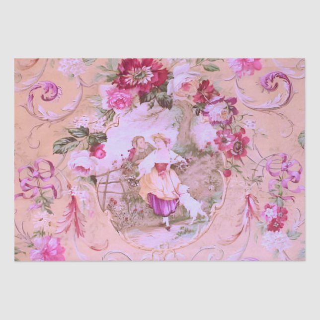 Victorian Toile Rococo Style Floral Pink Decoupage Tissue Paper (Front)