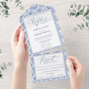 Victorian Toile Vintage Blue Floral Wedding  All In One Invitation