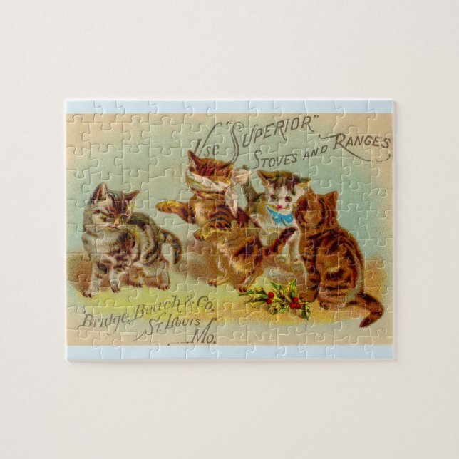 Victorian trade card kittens playing jigsaw puzzle (Horizontal)