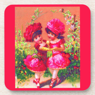 Victorian trade card little dancers in pink coaster