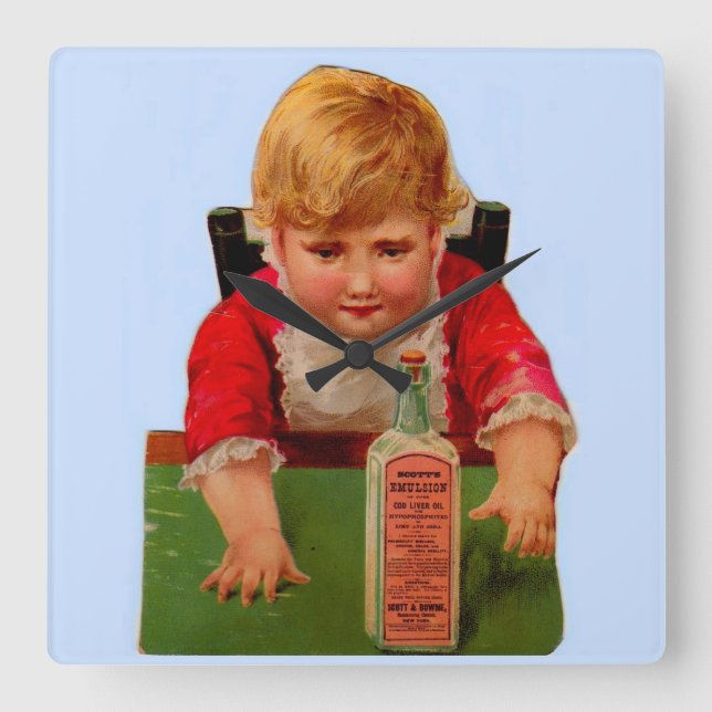 Victorian trade card: Scott's Emulsion Castor Oil Square Wall Clock (Front)
