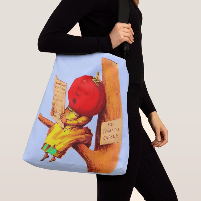 Victorian trade card tomato head woman crossbody bag (Close Up)
