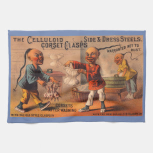 Victorian tradecard celluloid corset clasps kitchen towel