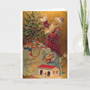 Victorian Tree Trimming Santa Christmas Card